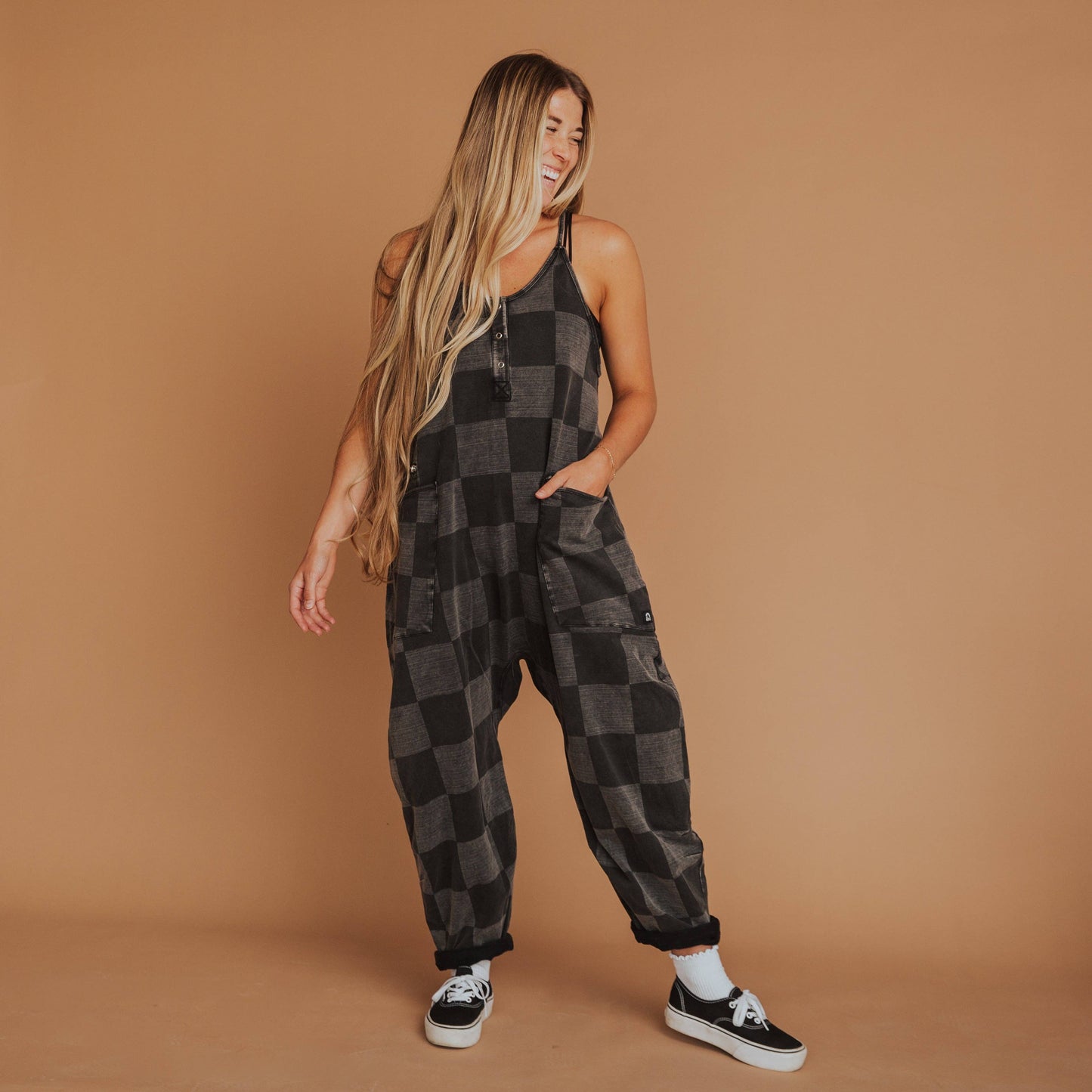 Women's Tank Romper - Black Denim Check