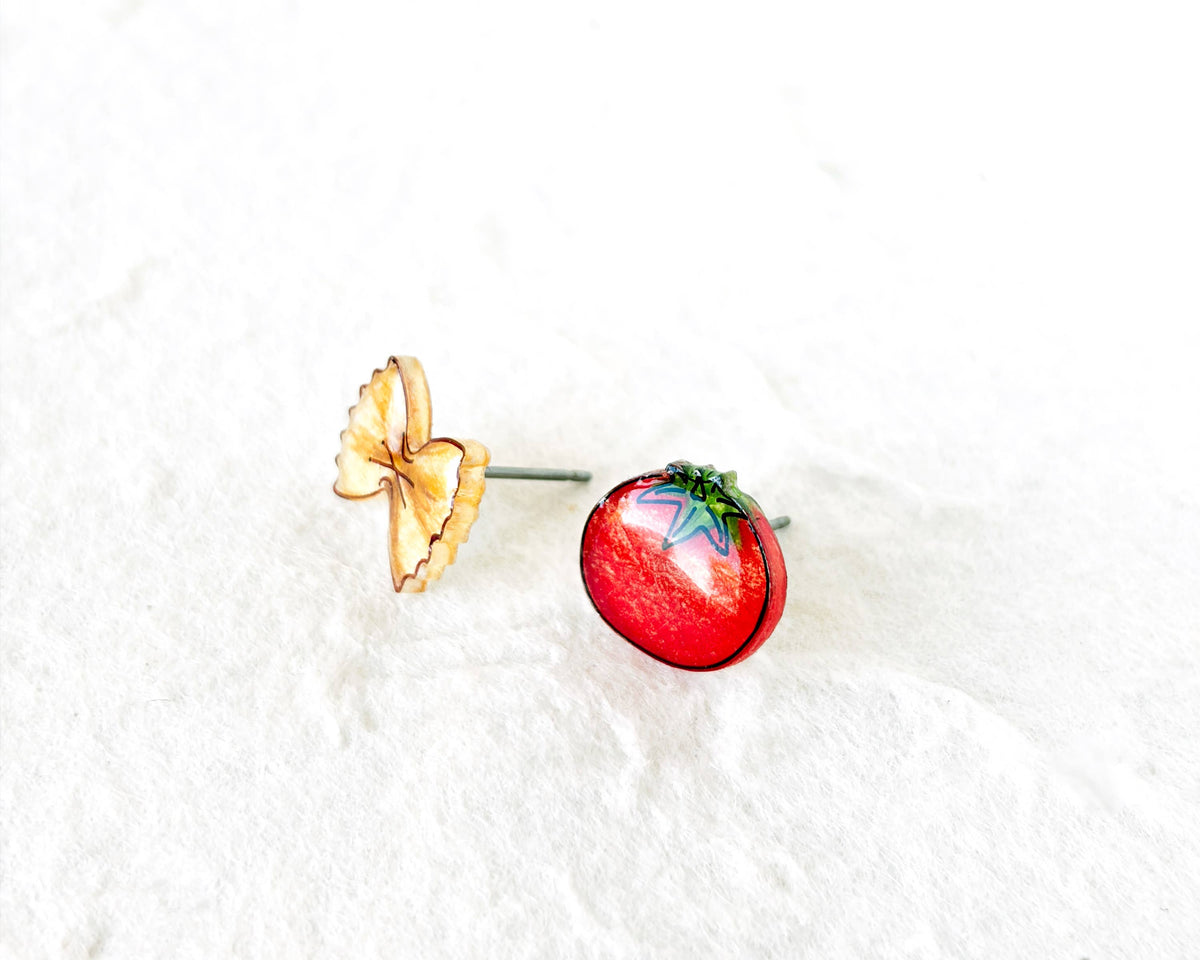 Mismatched Tomato & Bowtie Pasta Stud Earrings