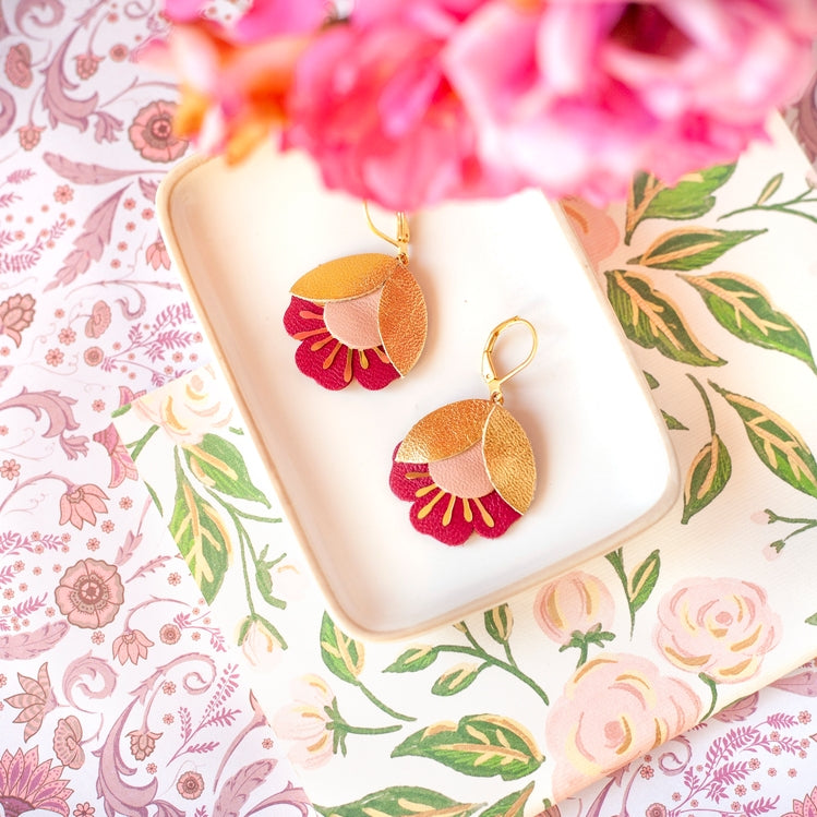 Cherry Flower Earrings – Gold, Pink, Garnet Leather