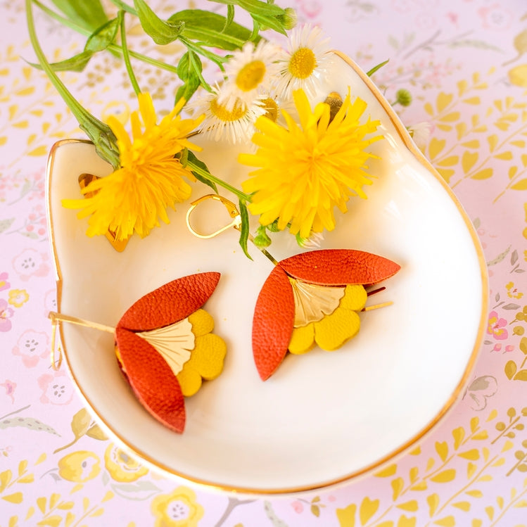 Ginkgo Flower Earrings – Terracotta and Yellow Leather