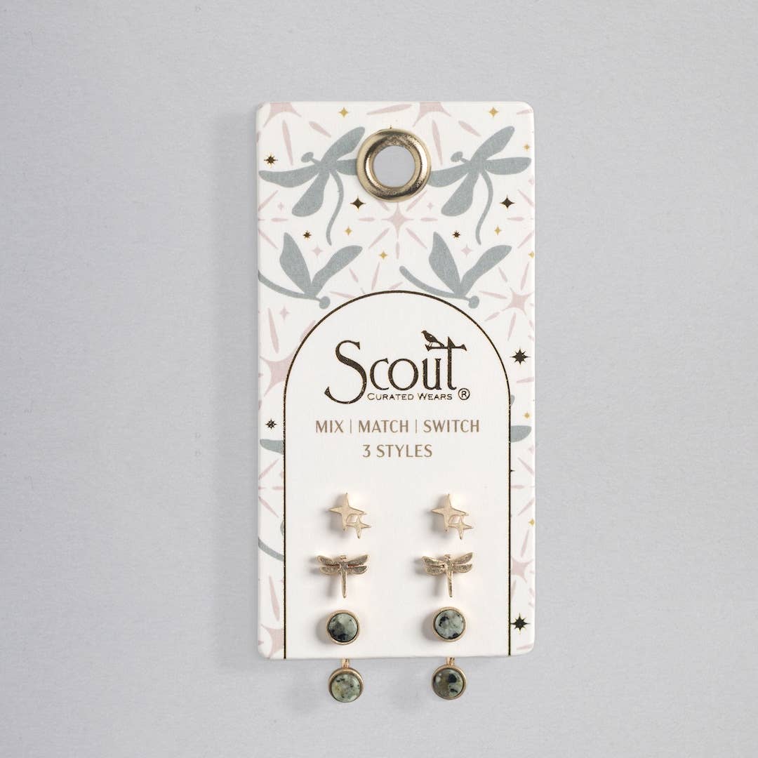Stud Trio Ear Jacket Set - Dragonfly/African Turquoise/Gold