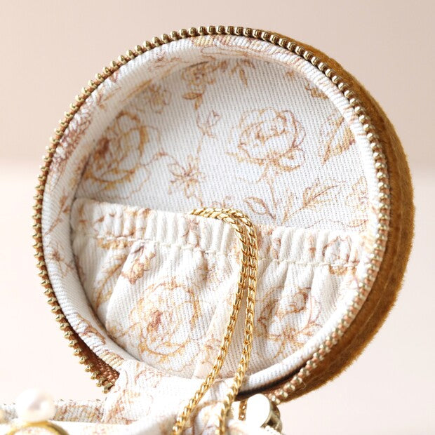 Mustard Velvet Round Travel Jewelry Case