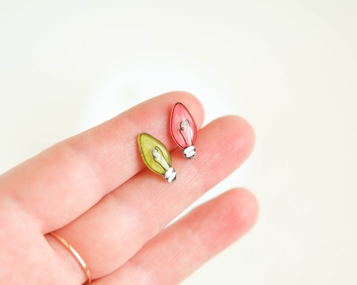 Mini Christmas Lightbulb Stud Earrings with Silver Accents