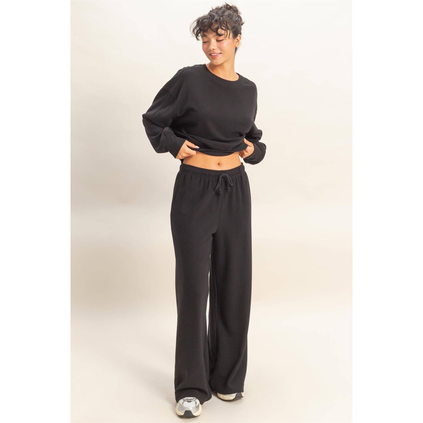 Soft Ribbed Wide Leg Drawstring Waist Sweatpants