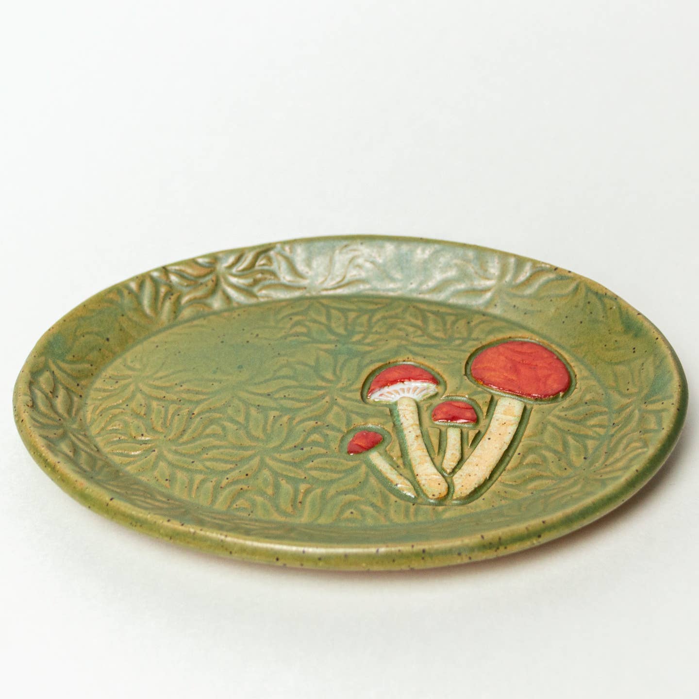 Mushroom Design Handmade Green Ceramic Oval Trinket Dish