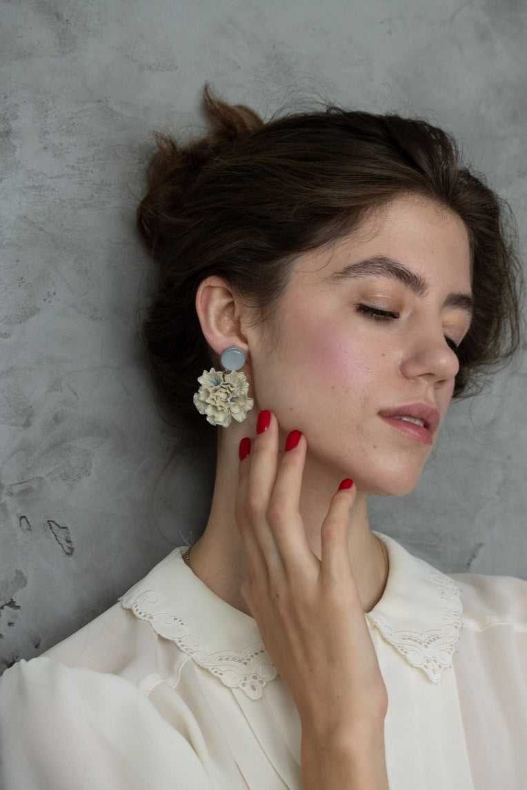 Beige and Gray Flower Statement Earrings