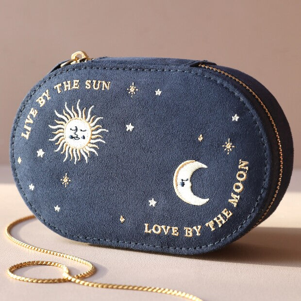 Sun and Moon Embroidered Oval Jewelry Case in Navy