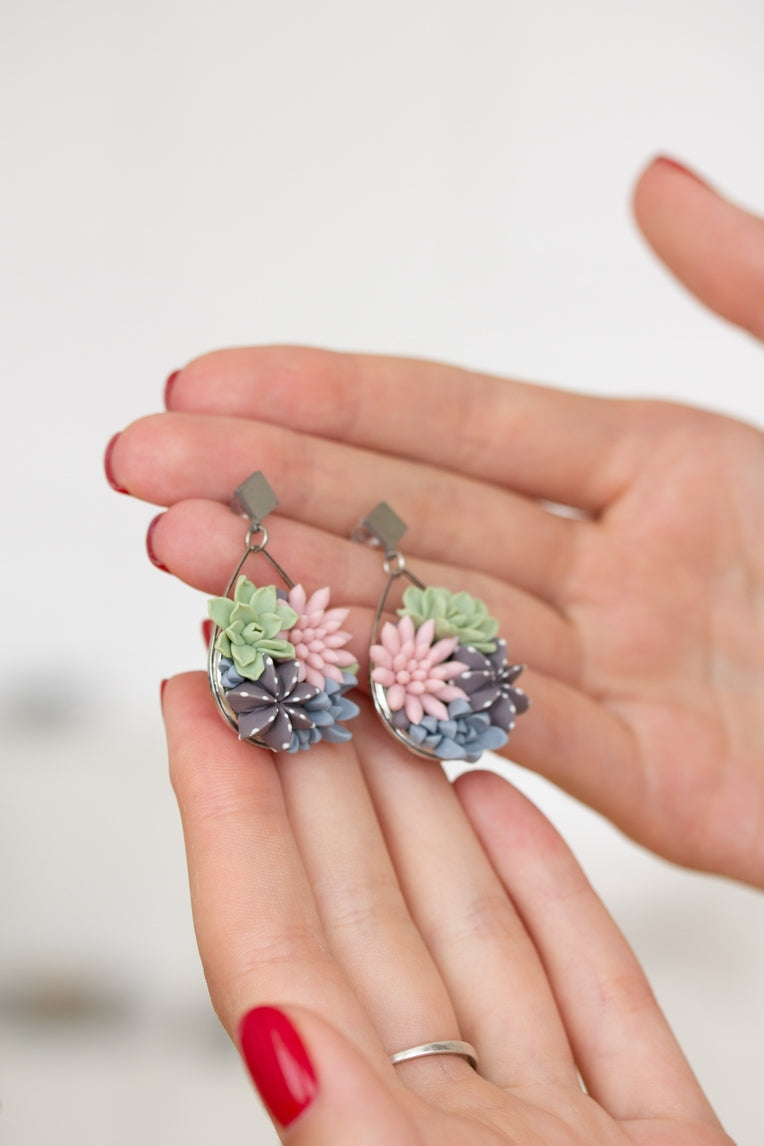 Pink Blue Grey Bouquet Succulent Dangle Earrings