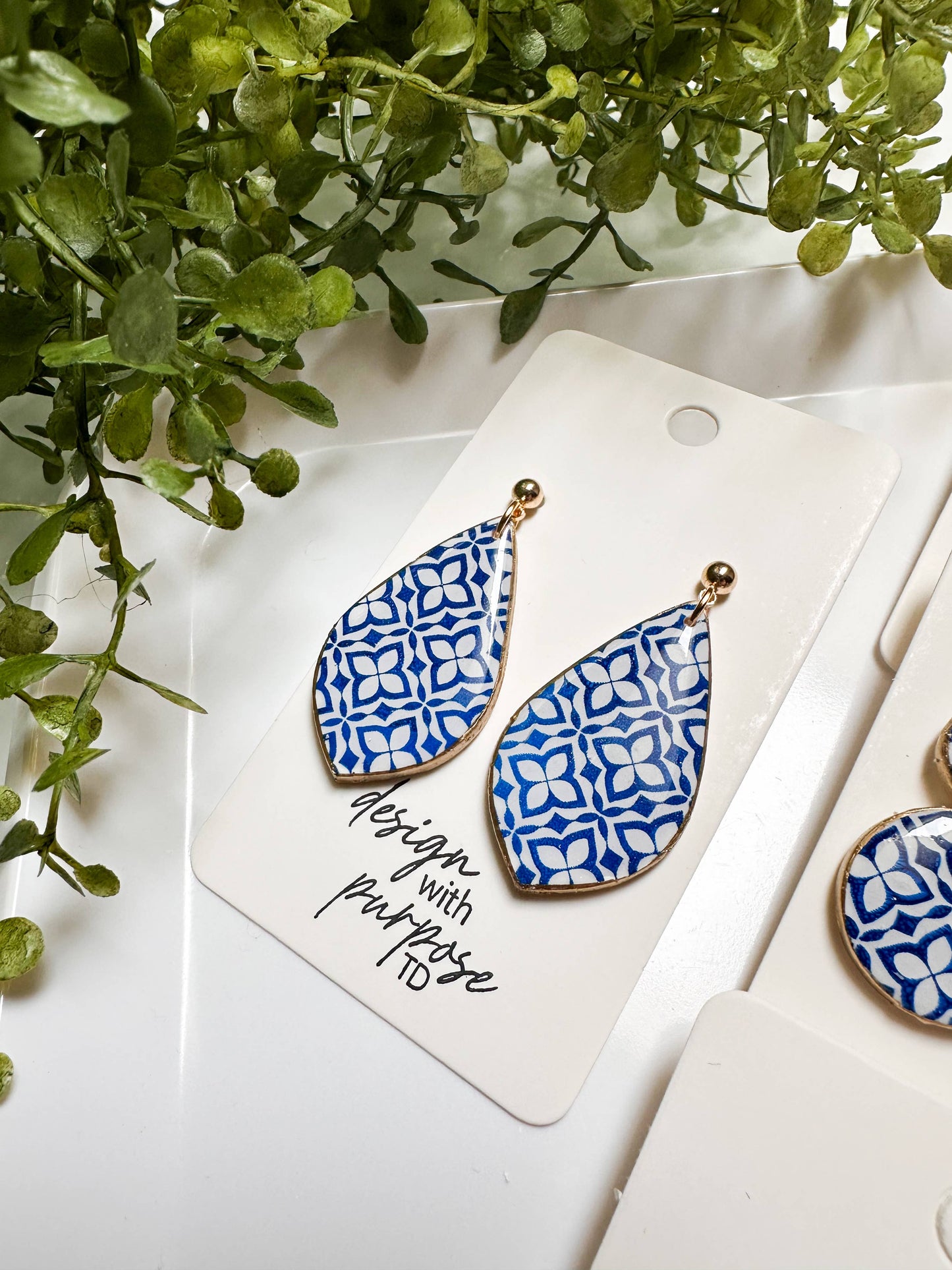 White and Blue Tile Pattern Earrings
