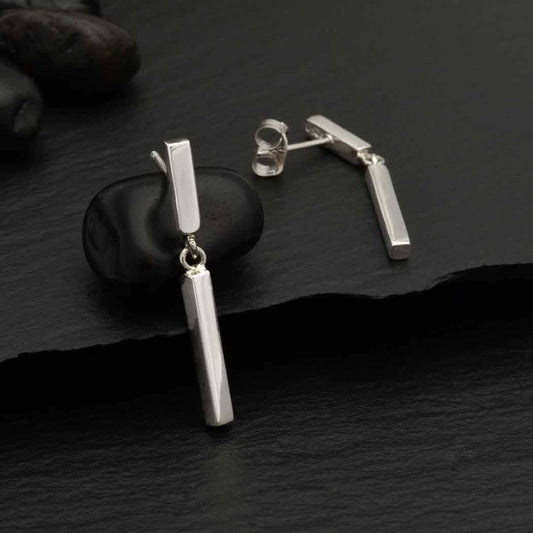 Sterling Silver Bar Post Earrings w/ Bar Dangle 26x2mm