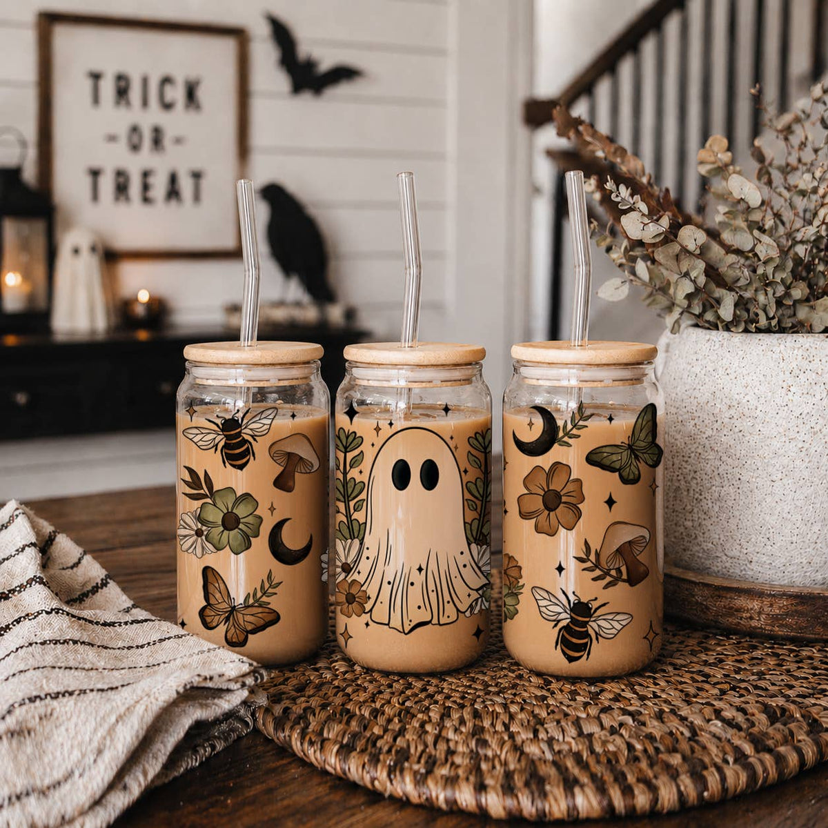 Halloween Kitchen Glass Cups 20oz, Modern Fall Tumblers