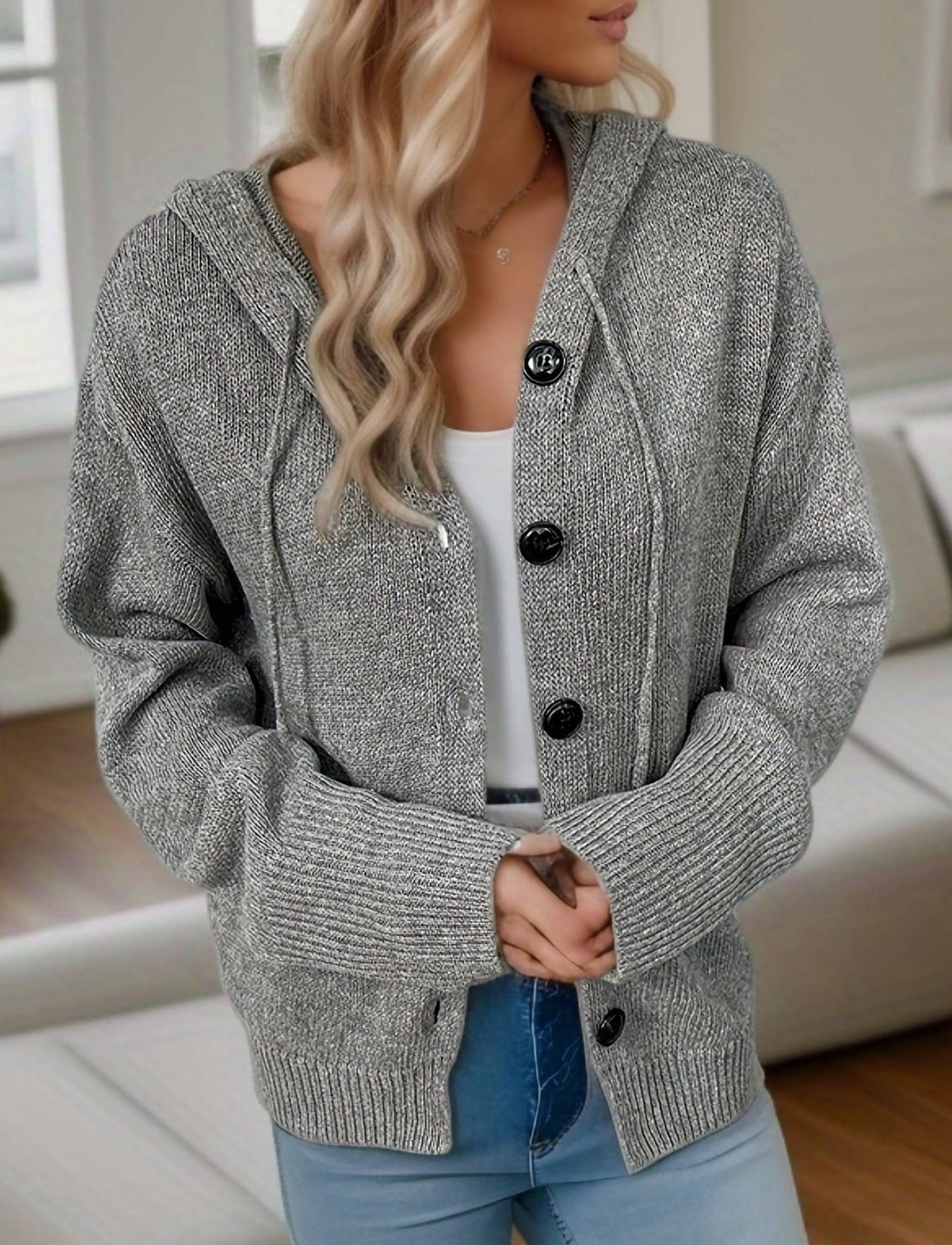 Hooded single breasted sweater drawstring cardigan