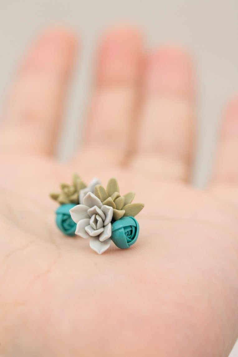 Handmade Succulent and Floral Bouquet Earrings - Blue