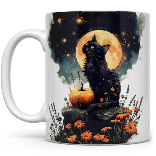 Black Cat Autumn Full Moon Ceramic Mug