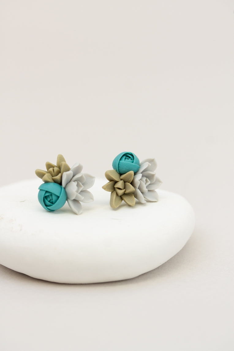 Handmade Succulent and Floral Bouquet Earrings - Blue