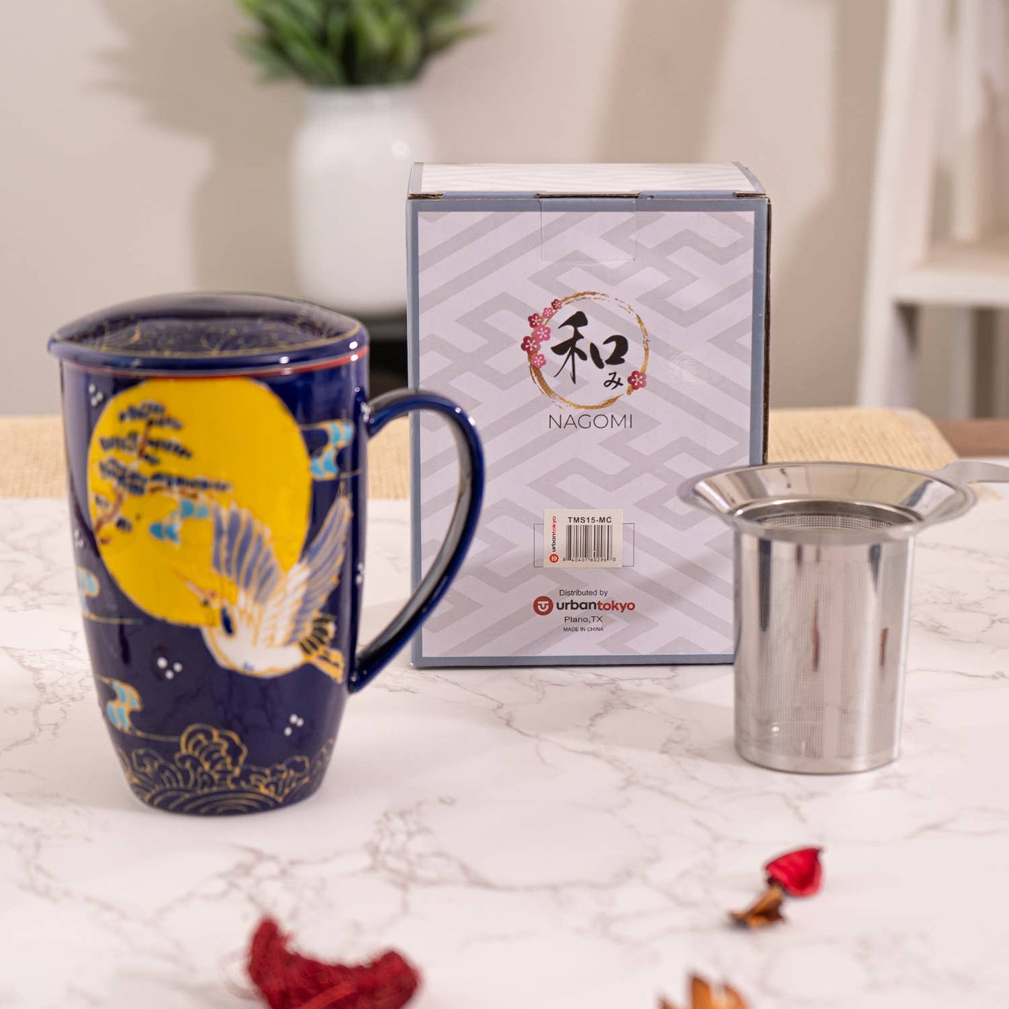 Japanese Crane Design 15oz Tea Mug With Lid and Infuser