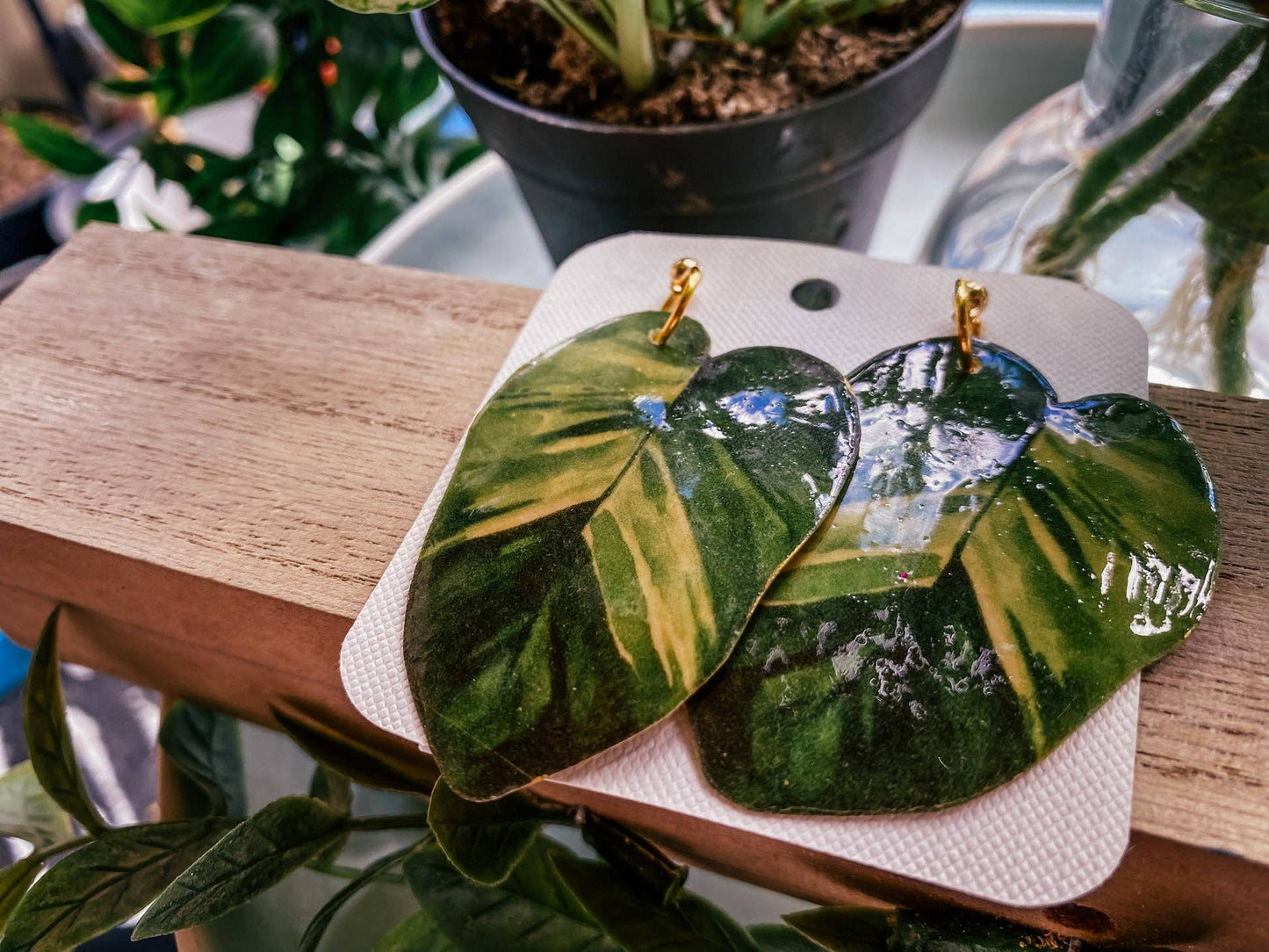 Golden Pothos Plant Leaf Earrings