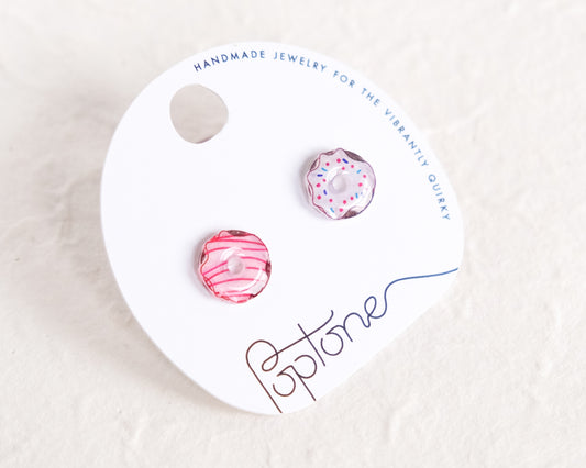 Frosted Artisanal Donut Stud Earrings in Pink and Chocolate