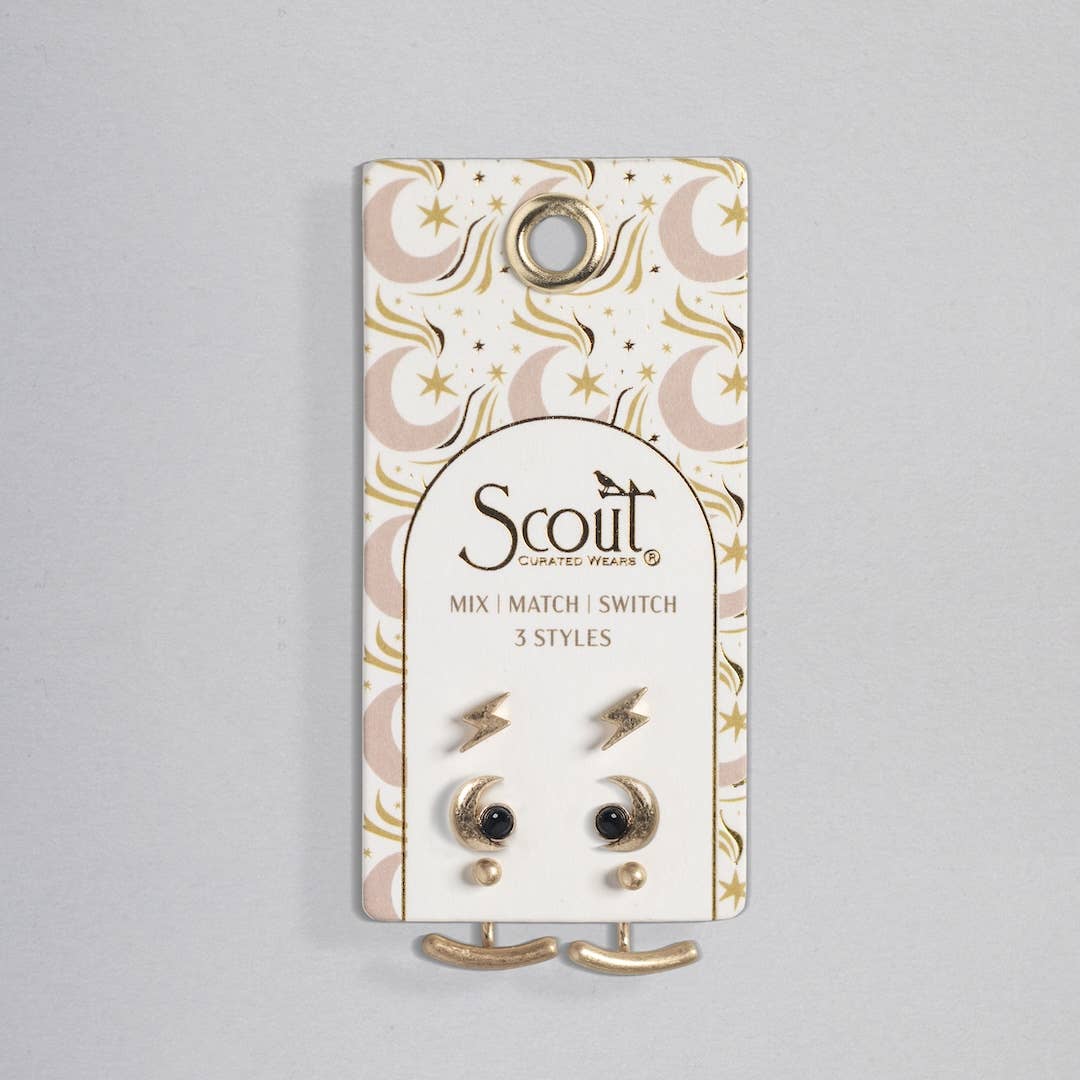 Stud Trio Ear Jacket Set - Moon/Black Spinel/Gold