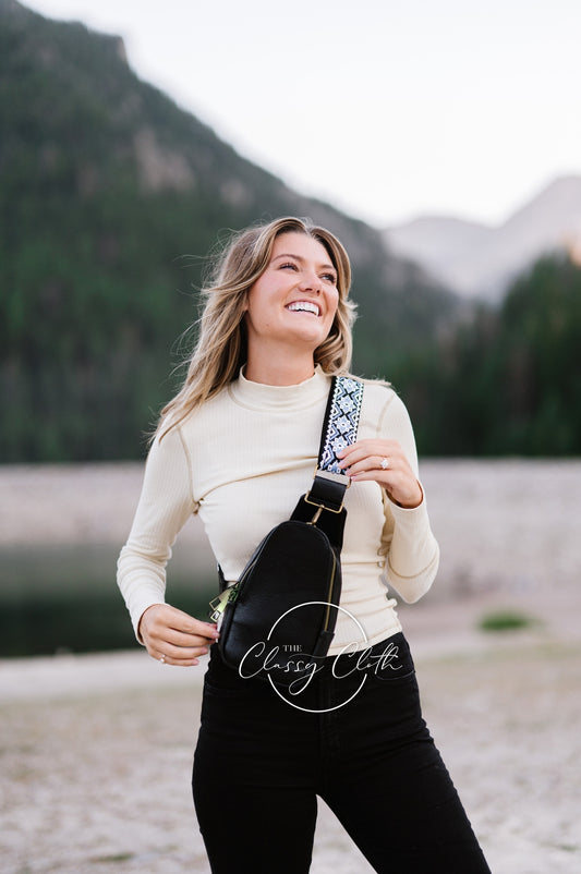 Sarah Shoulder Sling Bag - Black w/Blue Aztec Strap