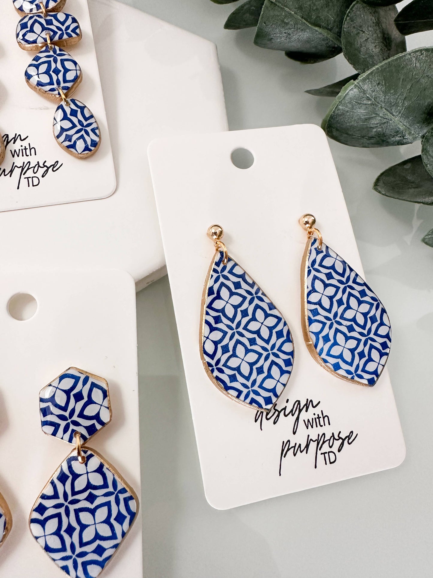 White and Blue Tile Pattern Earrings