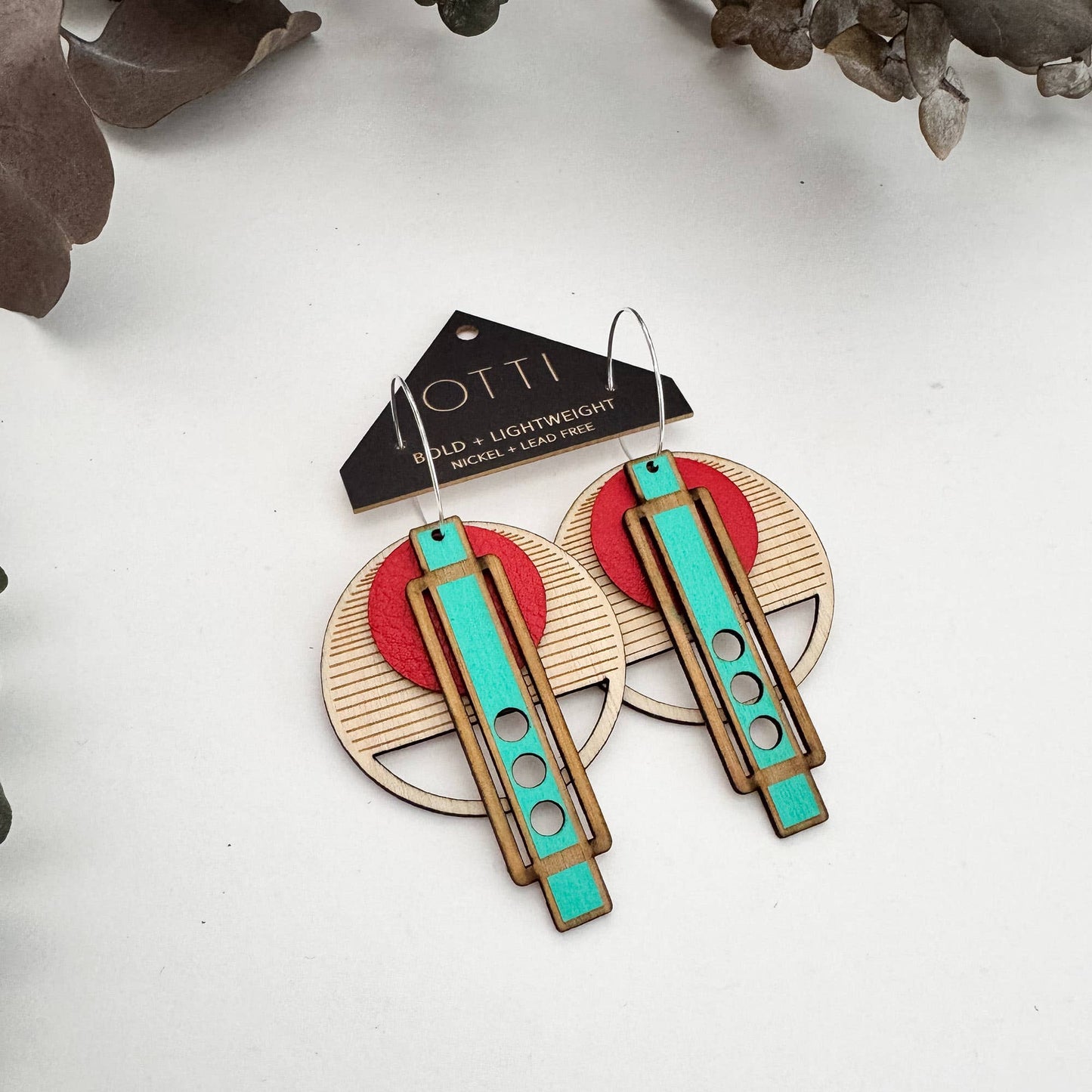 Architectural Lightweight Leather+Birch earring: Wright Red