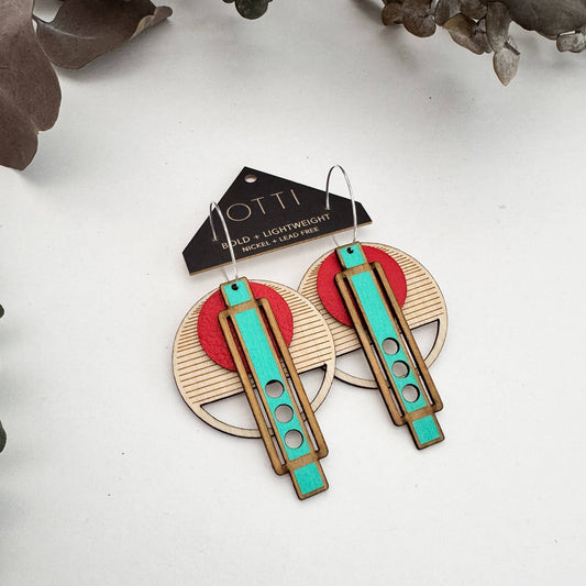 Architectural Lightweight Leather+Birch earring: Wright Red