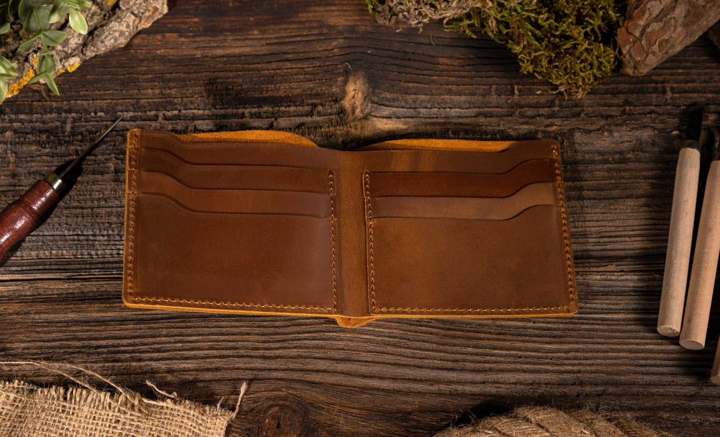 Handmade Leather Bifold Wallet w/6 Card Pockets