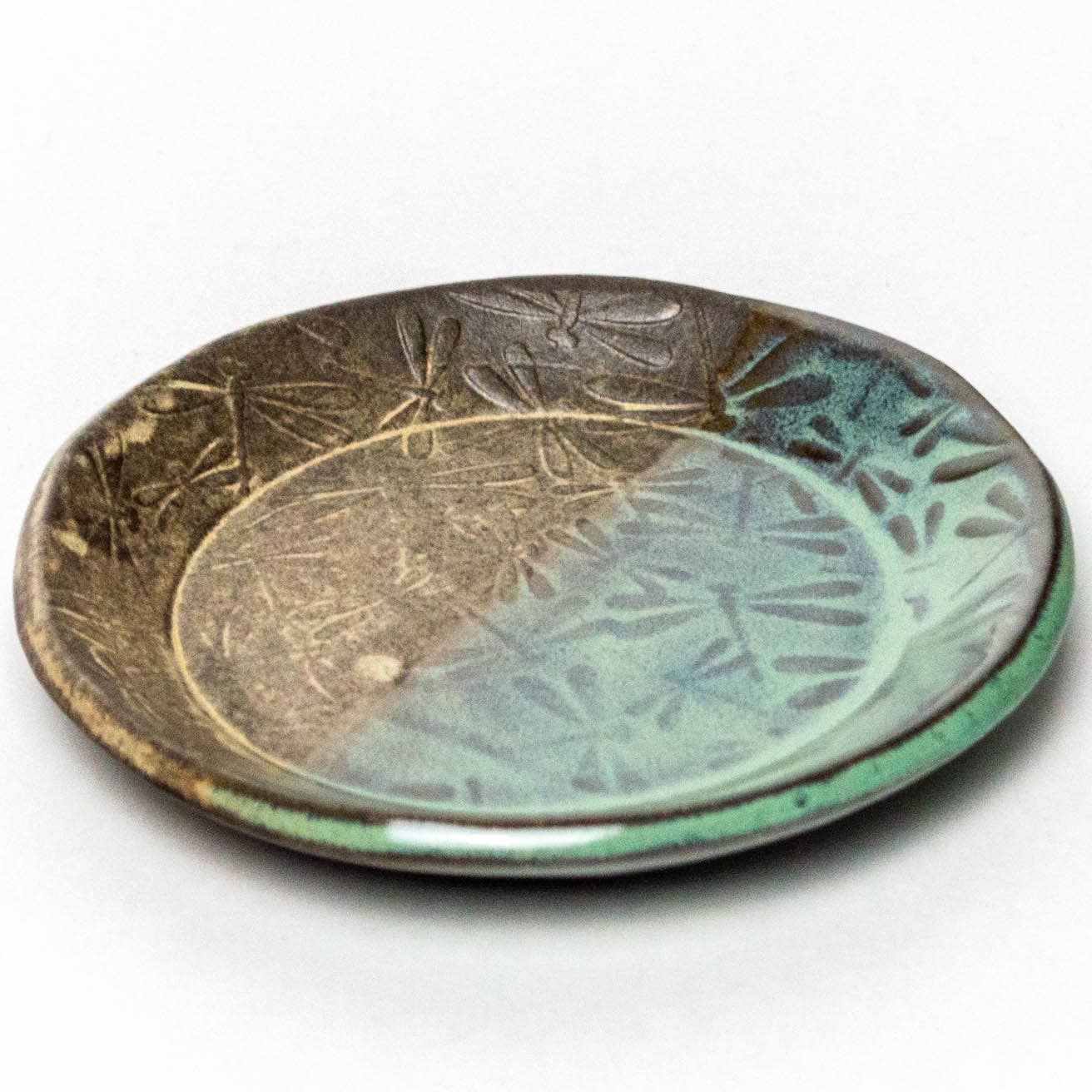 Dragonfly Pattern Ceramic Green Round Trinket Dish Handmade