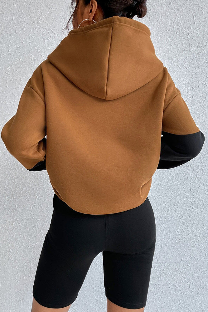 Brown Color Block Hooded Sweatshirt