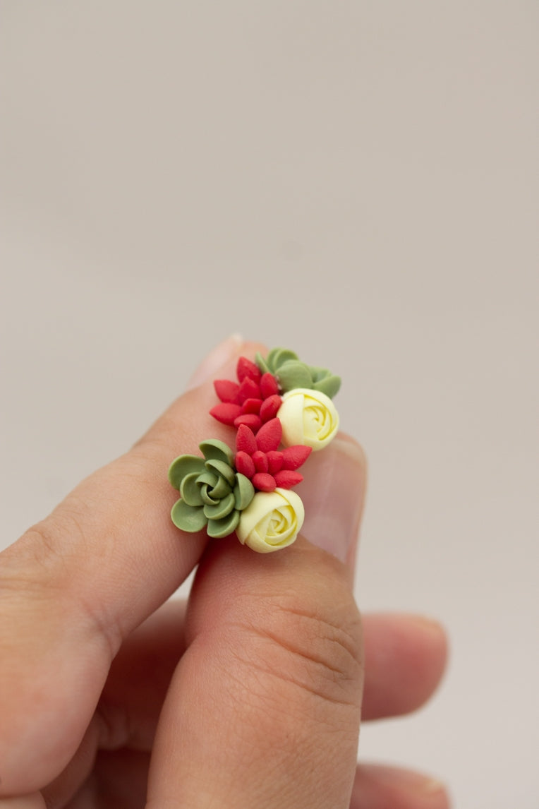 Handmade Succulent and Floral Bouquet Earrings - Red Green