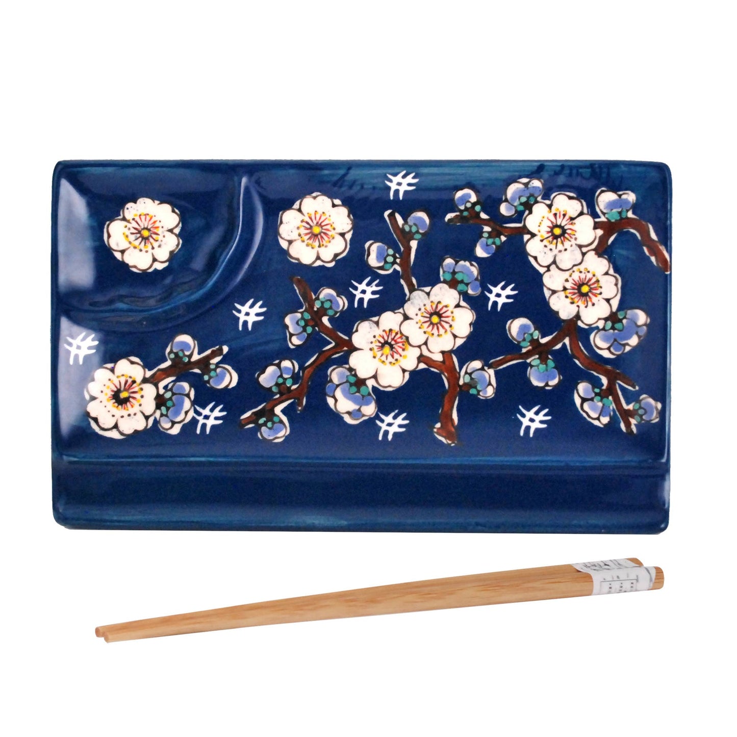 MIRA DIVIDED PLATE WITH CHOPS – NAVY WITH WHITE PLUM BLOSSOM