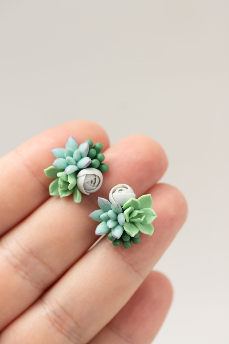 Handmade Succulent and Floral Bouquet Earrings - Blue