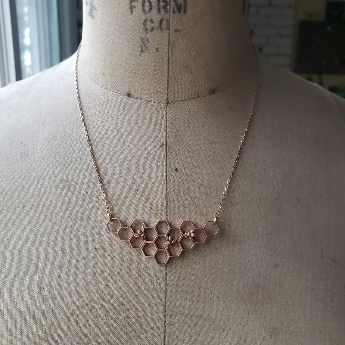 Copper Honeycomb Necklace with Honeybees