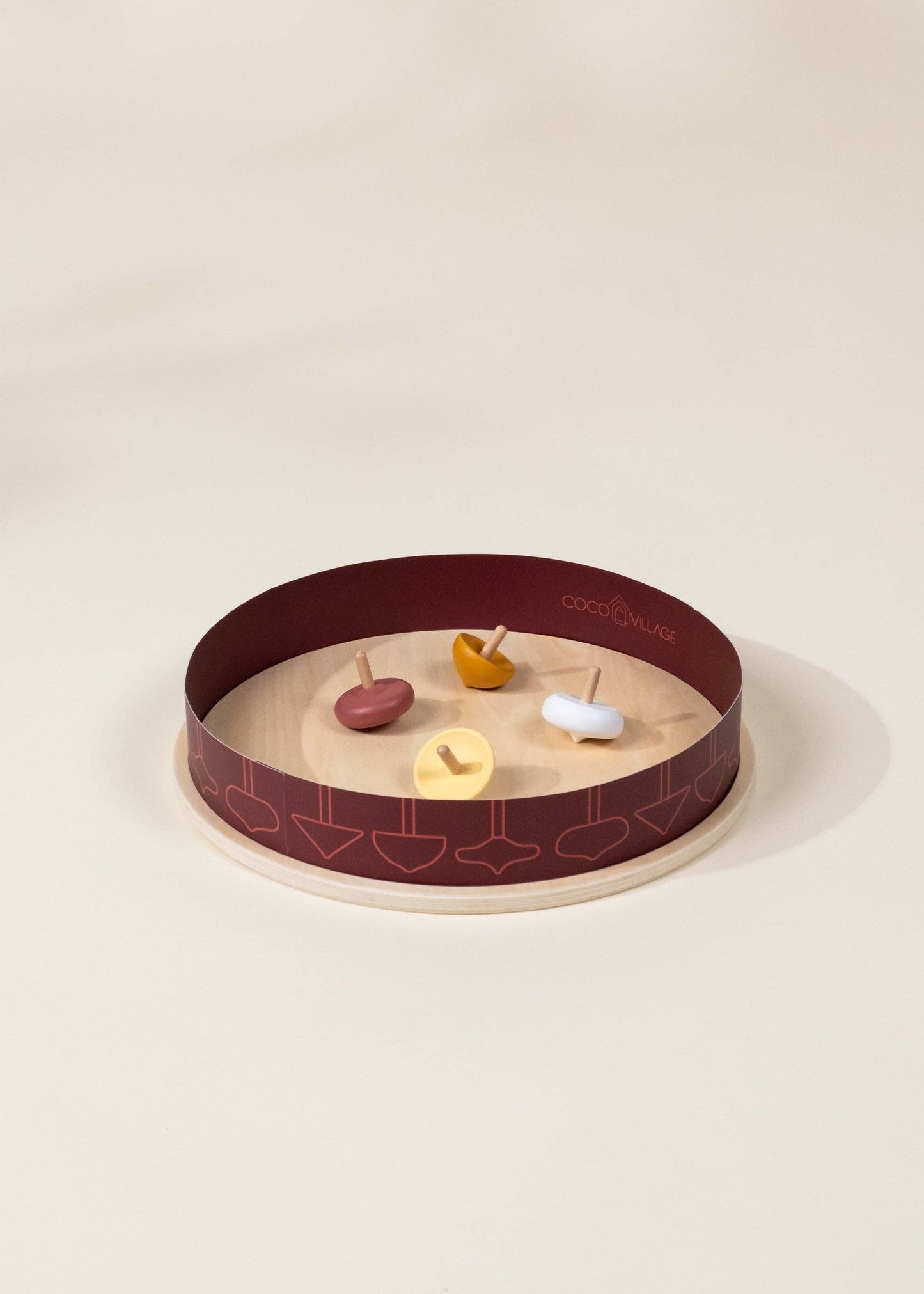 Set of 4 Wooden Spinning Tops with Arena
