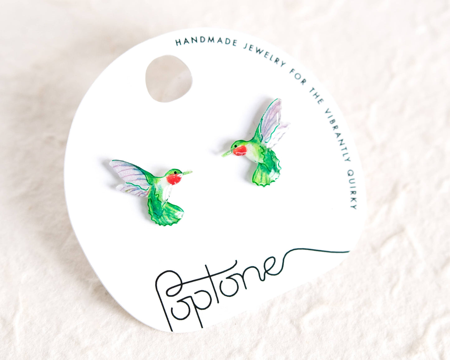 Green Ruby-Throated Hummingbird Handmade Stud Earrings