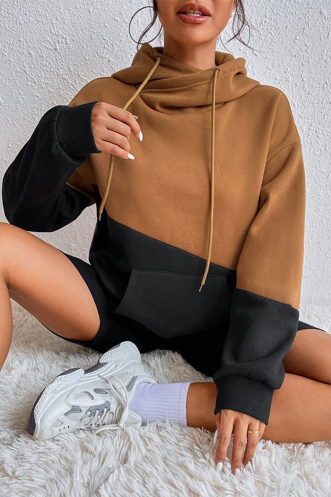 Brown Color Block Hooded Sweatshirt