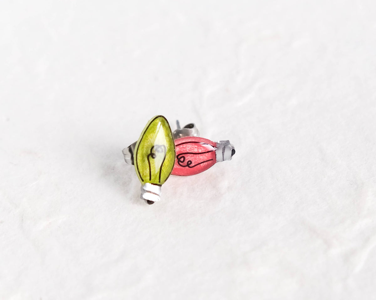 Mini Christmas Lightbulb Stud Earrings with Silver Accents
