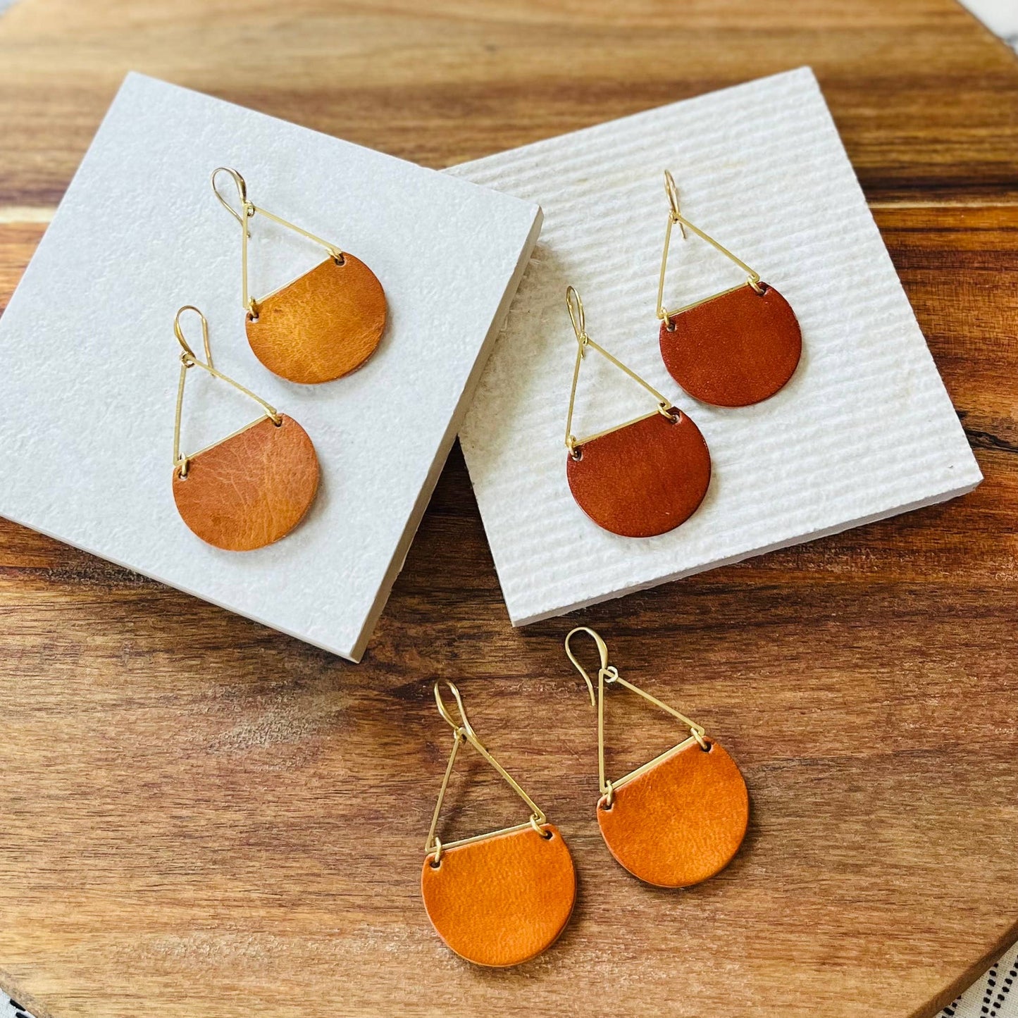 Hand Dyed Leather and Brass Triangle Earring