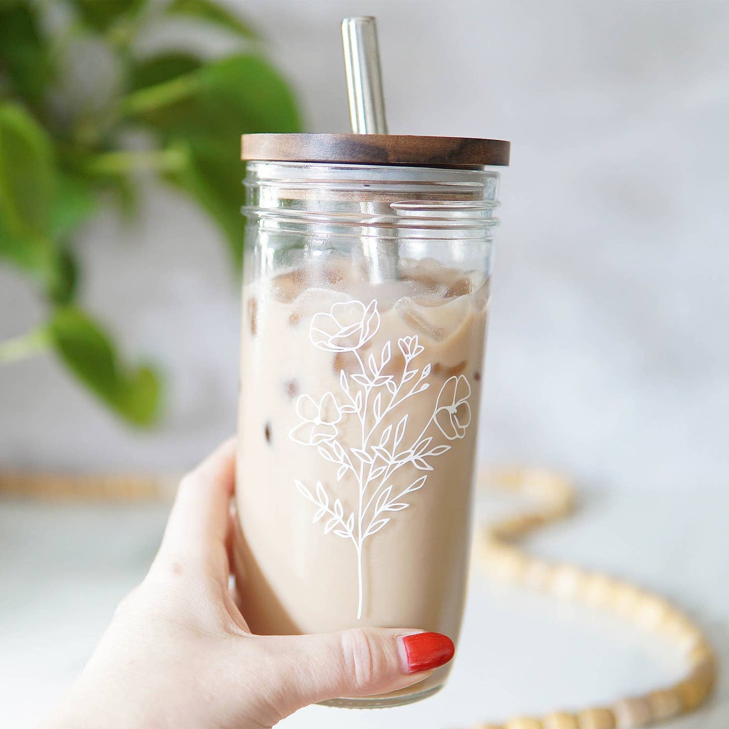 Floral 22oz Glass Tumbler With Acacia Lid & Straw