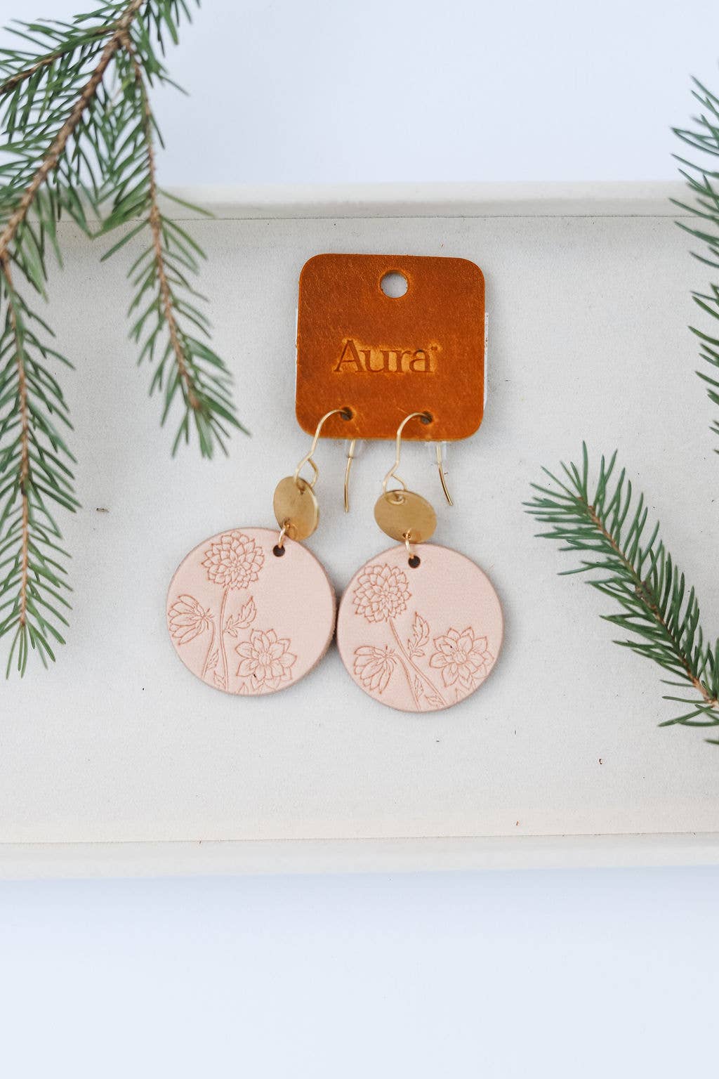Leather & Brass Stamped Nature Earrings