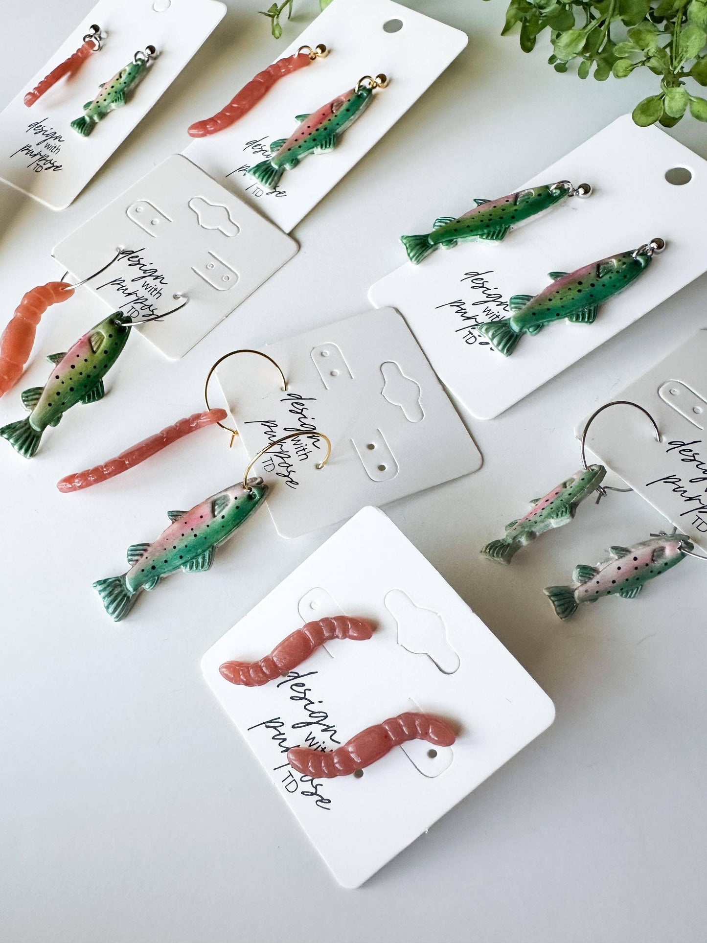 Rainbow Trout and Worm Clay Statement Earrings