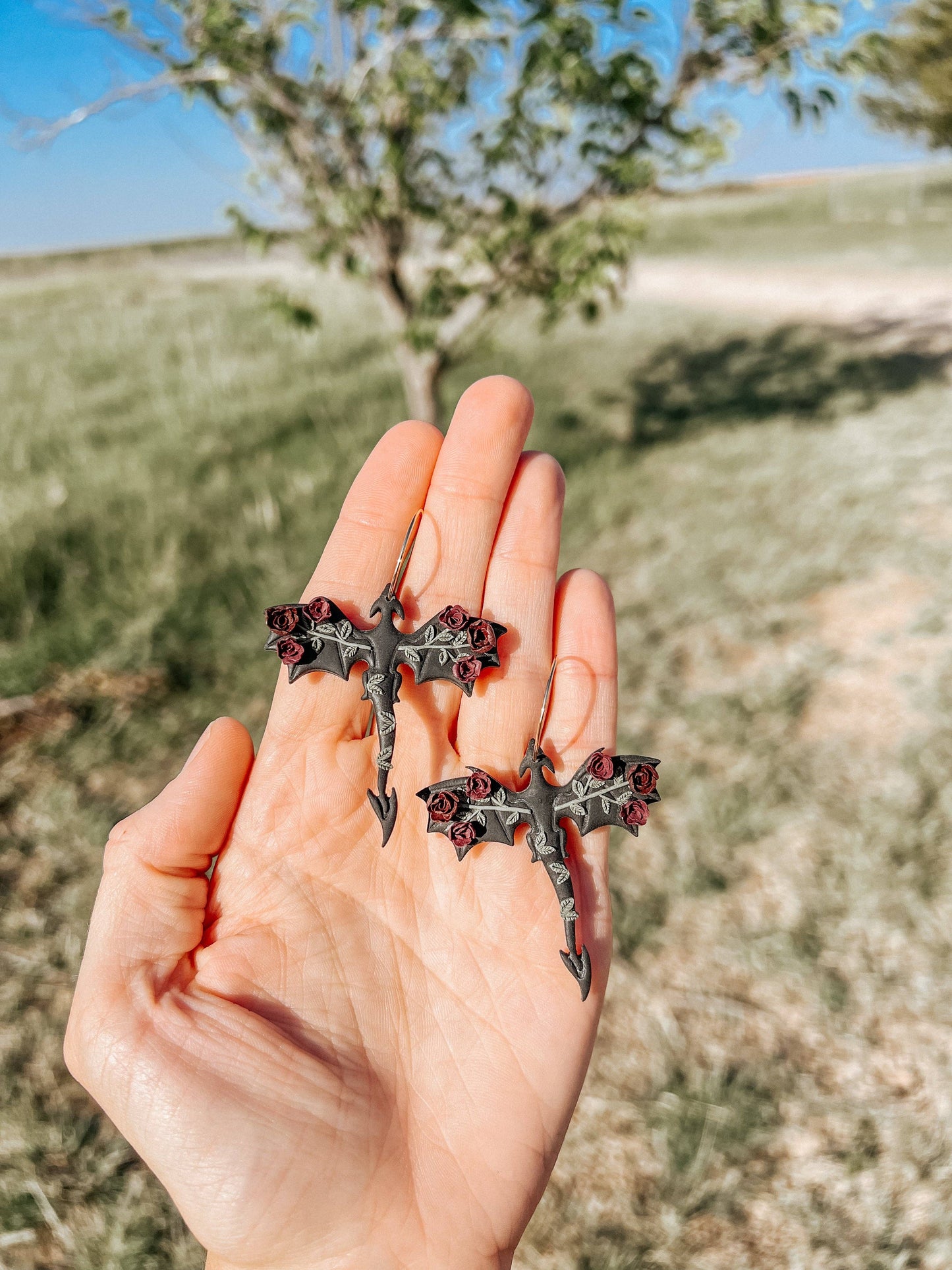Clay Floral Black Dragon Hoop Earrings, Fantasy Earrings