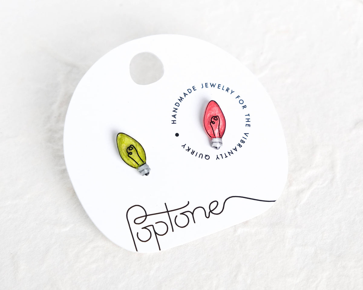 Mini Christmas Lightbulb Stud Earrings with Silver Accents