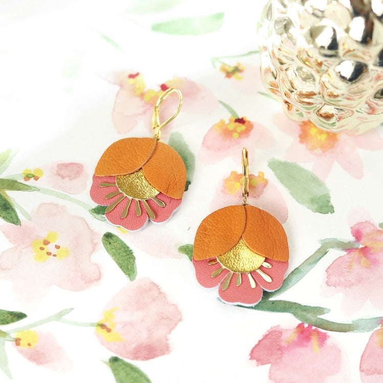 Cherry Flower Earrings – Orange, Gold, Salmon Pink Leather