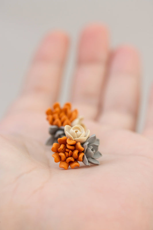 Succulent Stud Earrings - Orange Gray Echeveria Plant