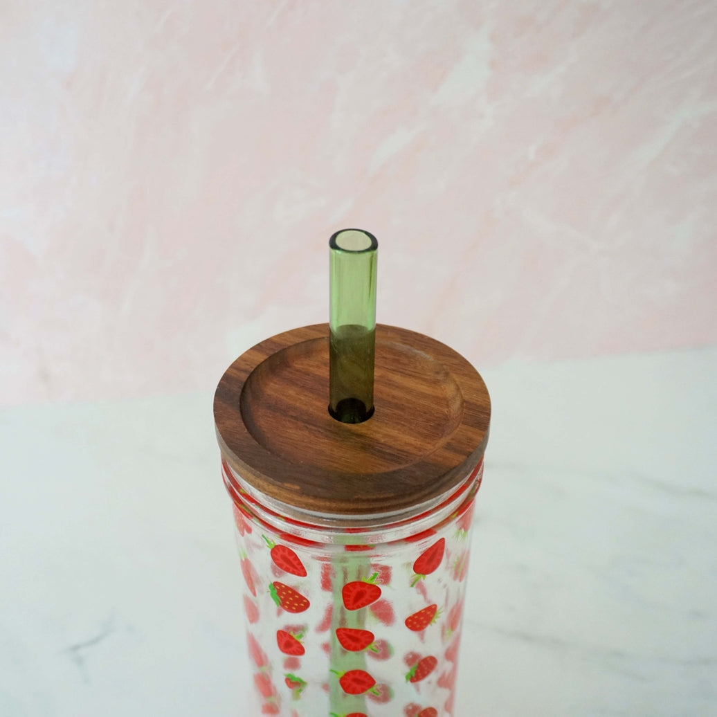 Strawberry 22oz Glass Tumbler With Acacia Lid & Straw