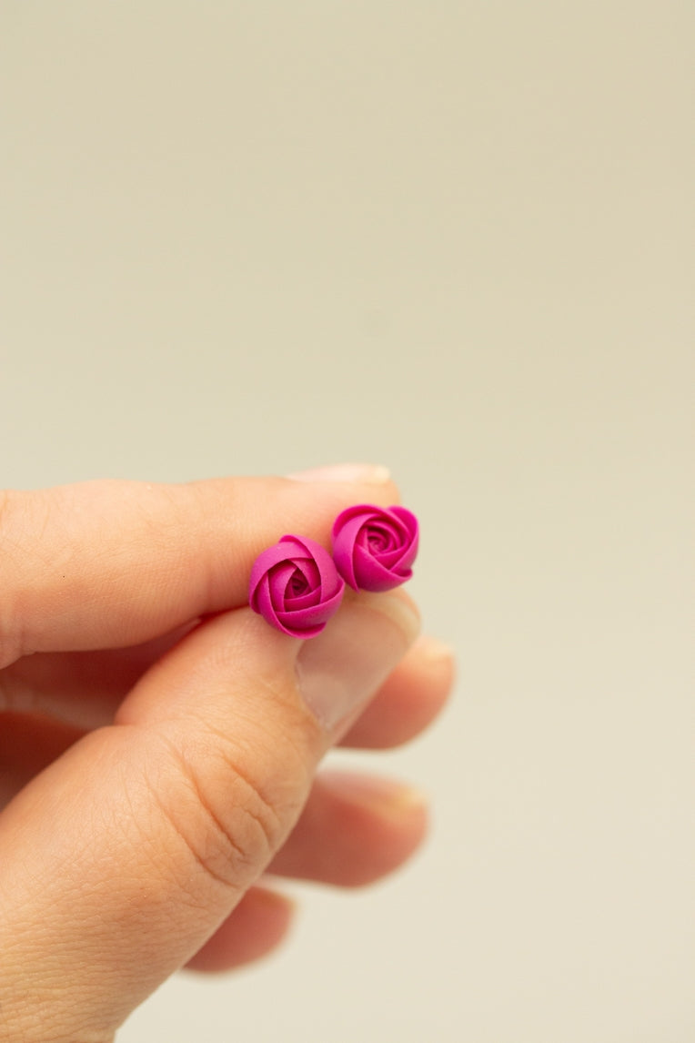 Set of 3 Ranunculus Rose Stud Earrings, Purple, Pink, White