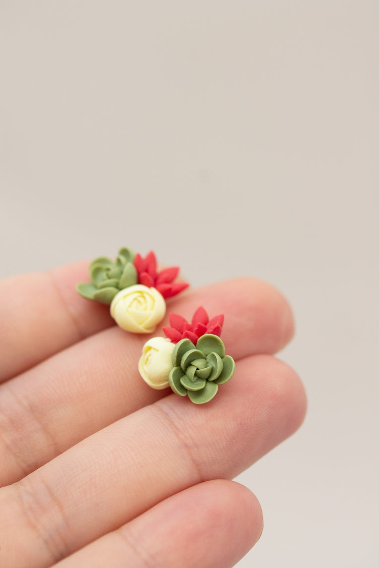 Handmade Succulent and Floral Bouquet Earrings - Red Green