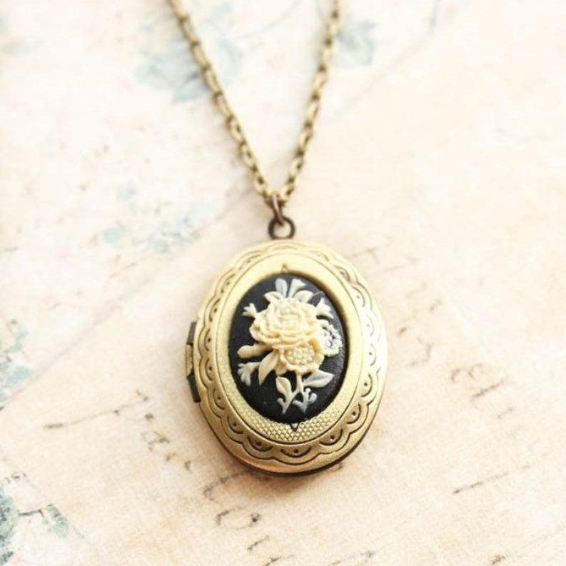 Cameo Locket Necklace - Ivory and Black Flower